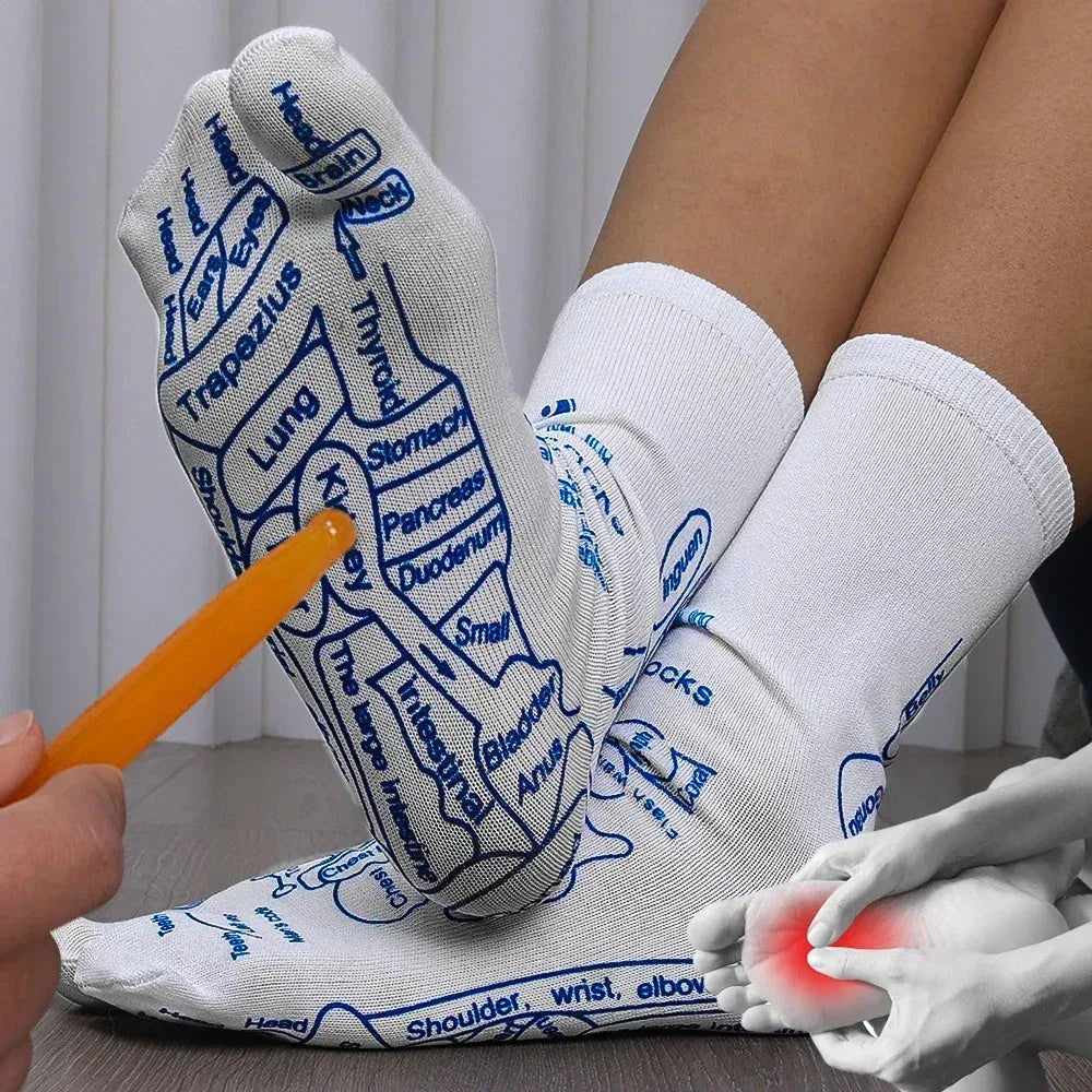 Socks with acupressure point diagrams for foot reflexology, cotton blend, one size adult