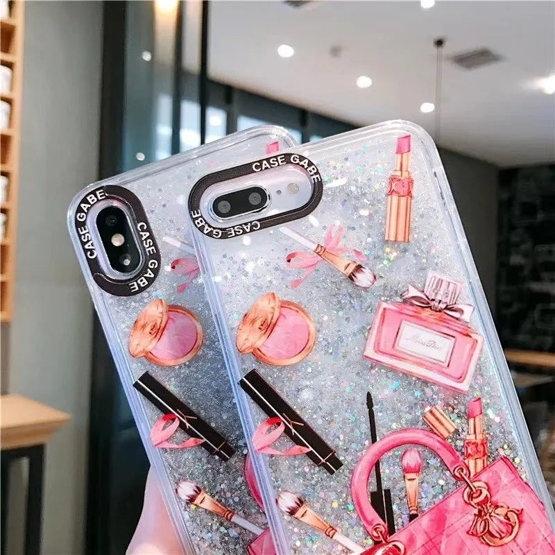 Pink compatible iPhone liquid quicksand cosmetic makeup case with TPU and silicone