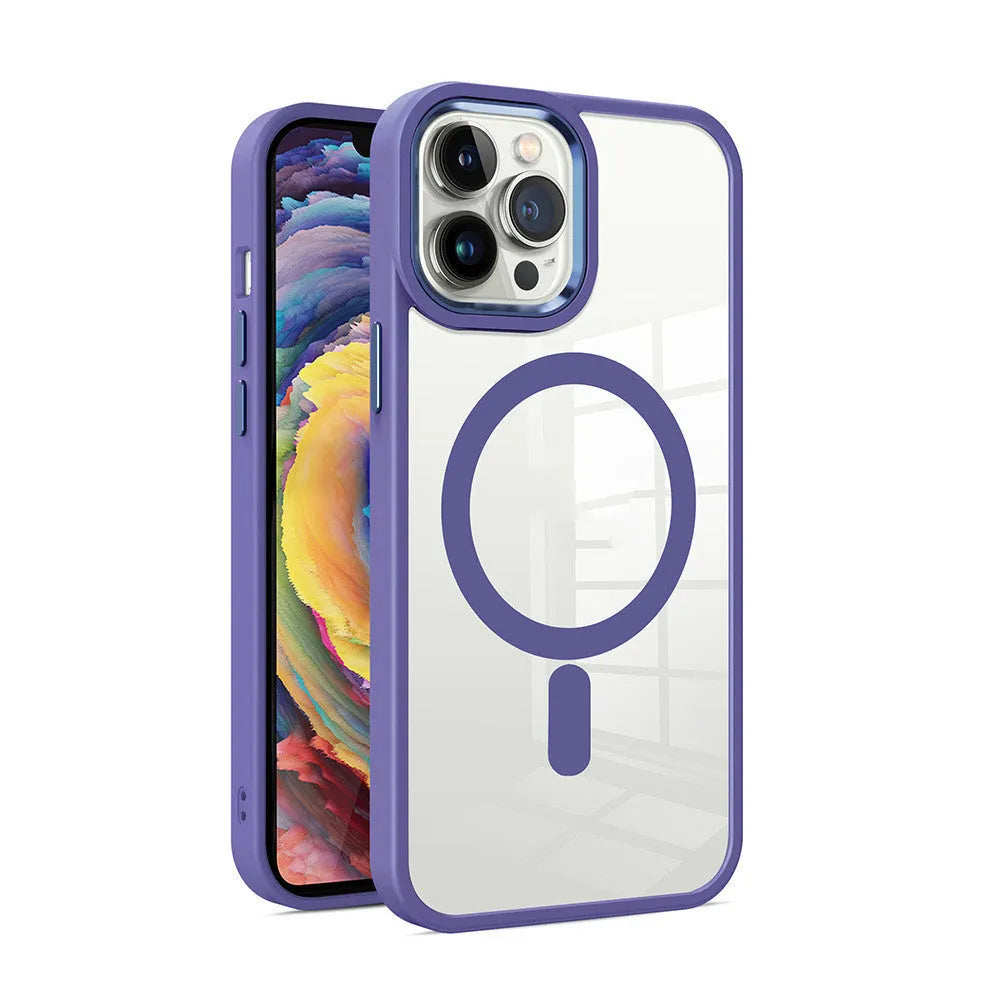 Magnetic transparent silicone phone case for iPhone with solid colour edges, shown in plum red.