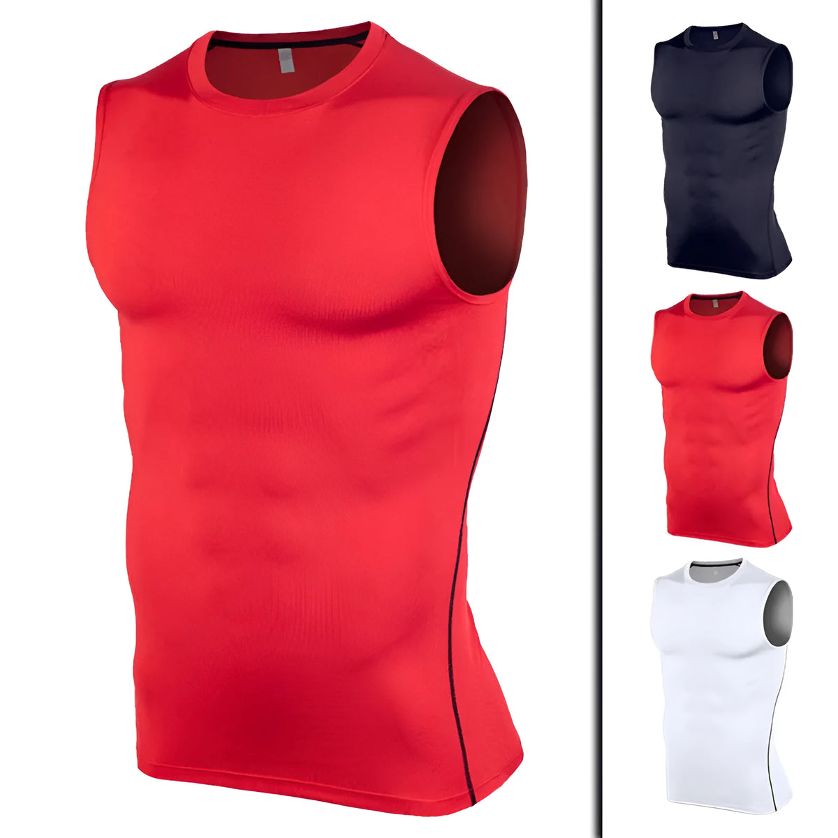 Men's black polyester fitness gym vest with sleeveless design, shown front view