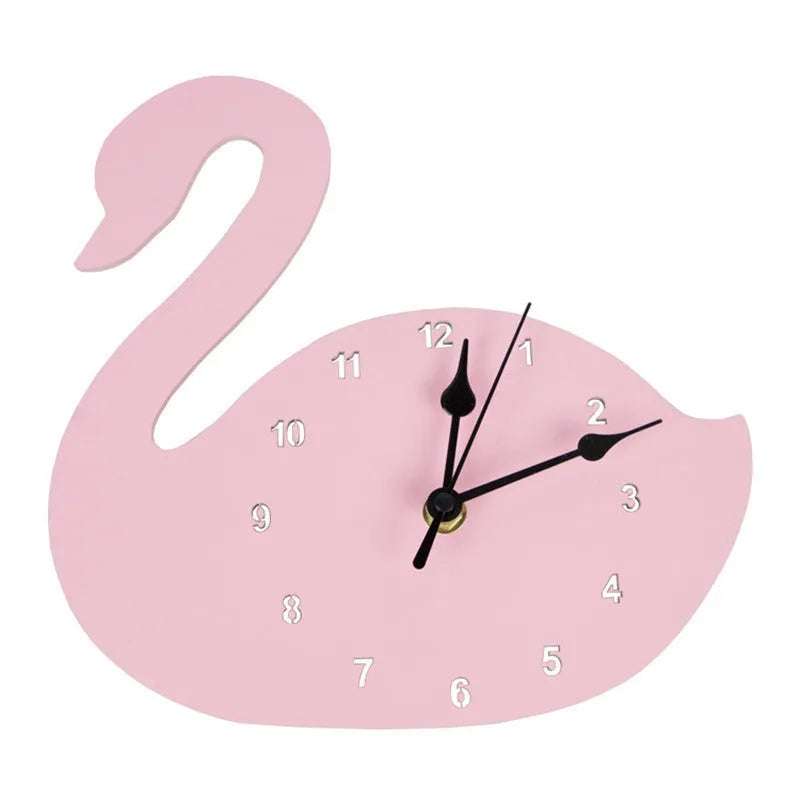Wooden cartoon wall clock with battery-powered quartz movement in playful animal and shape designs