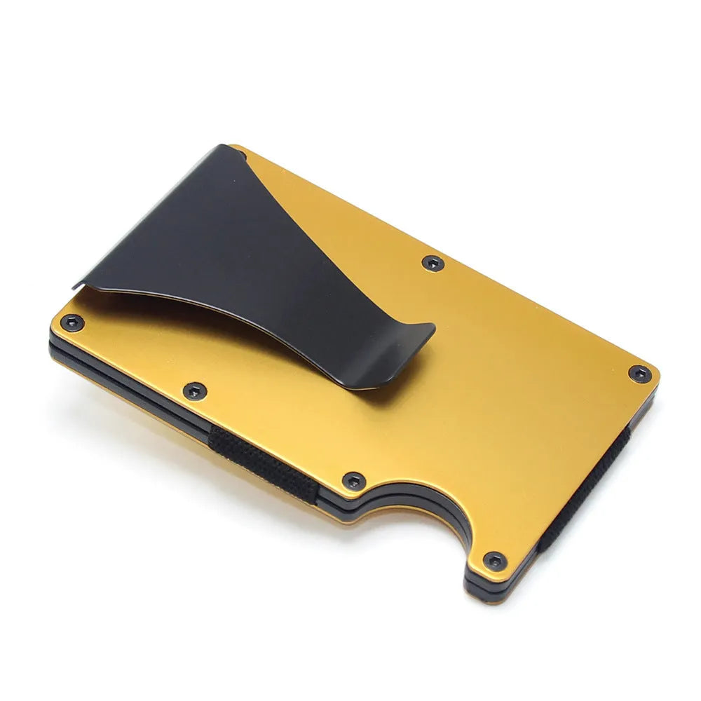Slim geometry card holder wallet in carbon fibre or aluminium, holds six to fifteen cards, 8mm thick