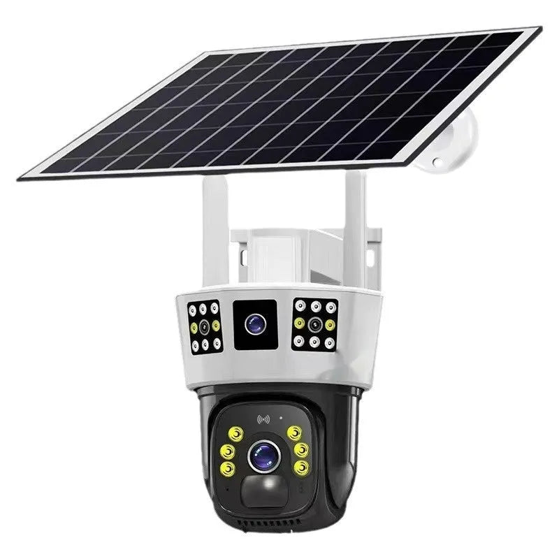 Solar-powered outdoor surveillance camera with three-screen display and 4MP resolution