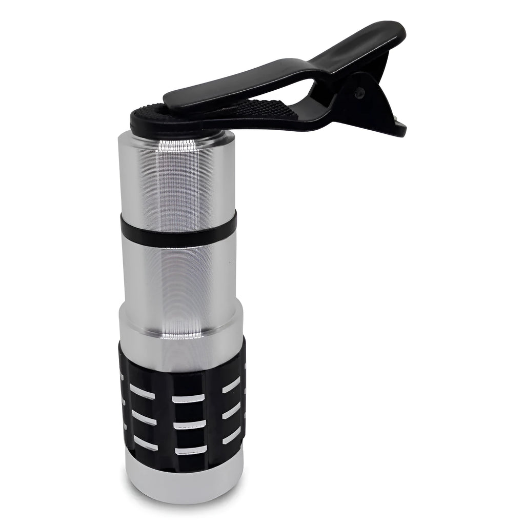 Silver telescopic phone camera lens with extended barrel next to a universal clip mount on a white background.
