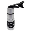 Silver telescopic phone camera lens with extended barrel next to a universal clip mount on a white background.