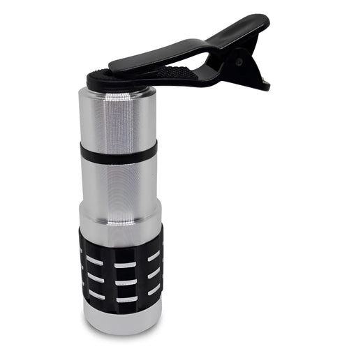 Silver telescopic phone camera lens with extended barrel next to a universal clip mount on a white background.