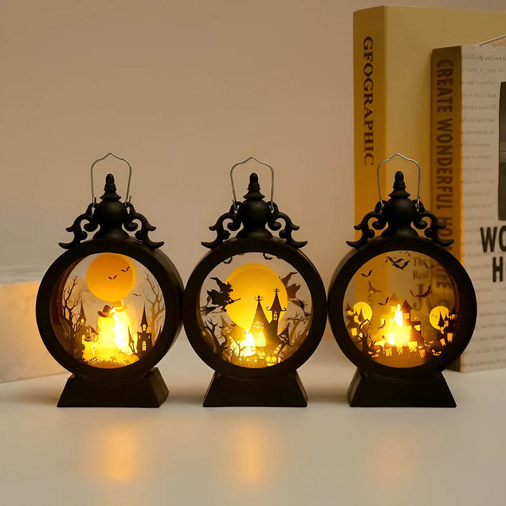 Halloween retro candle portable storm lantern with hook, 9.5x15cm, three light colour options Castle Pumpkin Witch