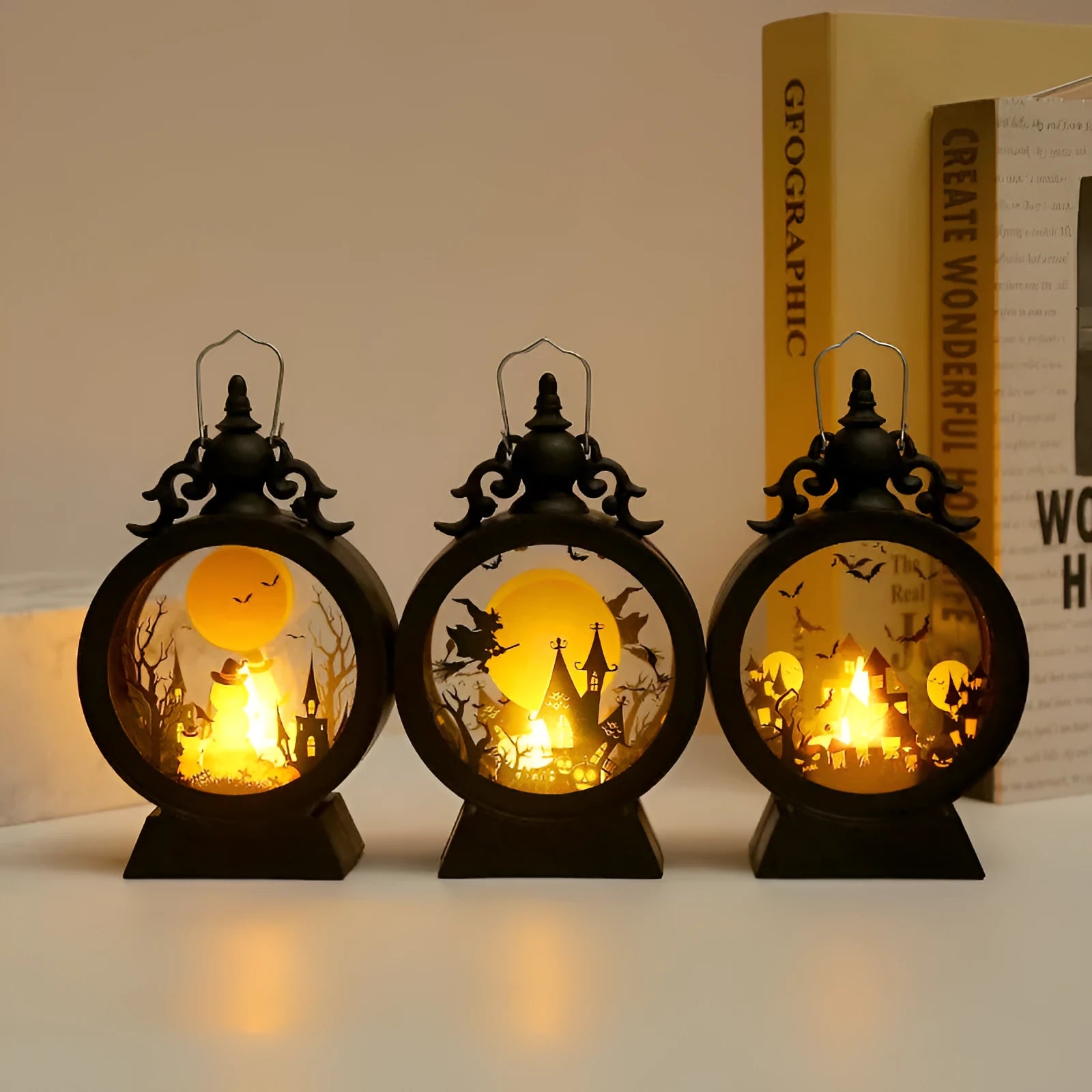 Halloween retro candle portable storm lantern with hook, 9.5x15cm, three light colour options Castle Pumpkin Witch