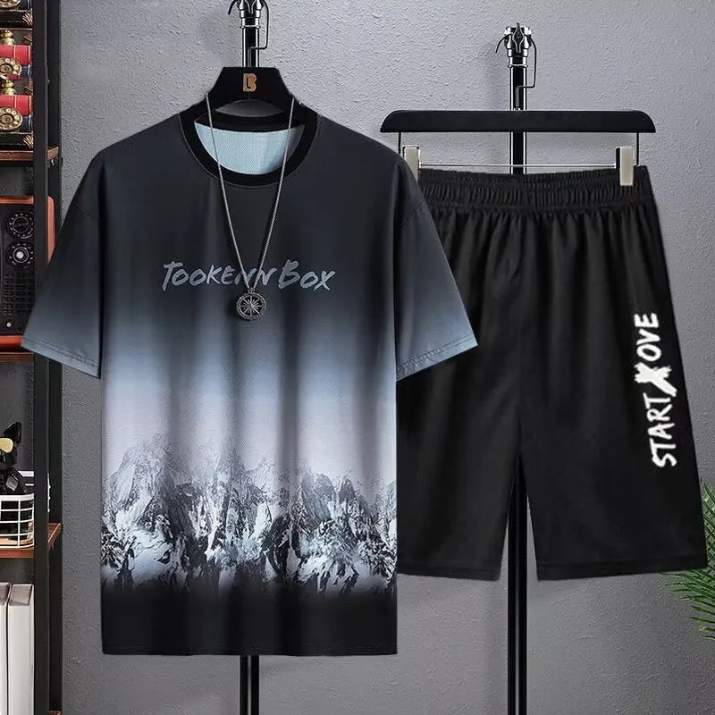 Men's ice silk summer suit with short sleeve top and matching shorts in polyester fabric