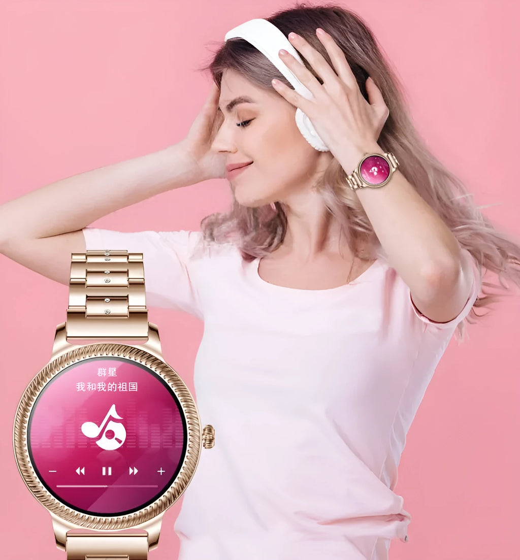 AK38 ladies smart watch with colour display and stainless steel Milanese mesh wristband