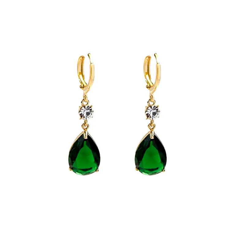 A pair of green geometric teardrop-shaped alloy earrings.