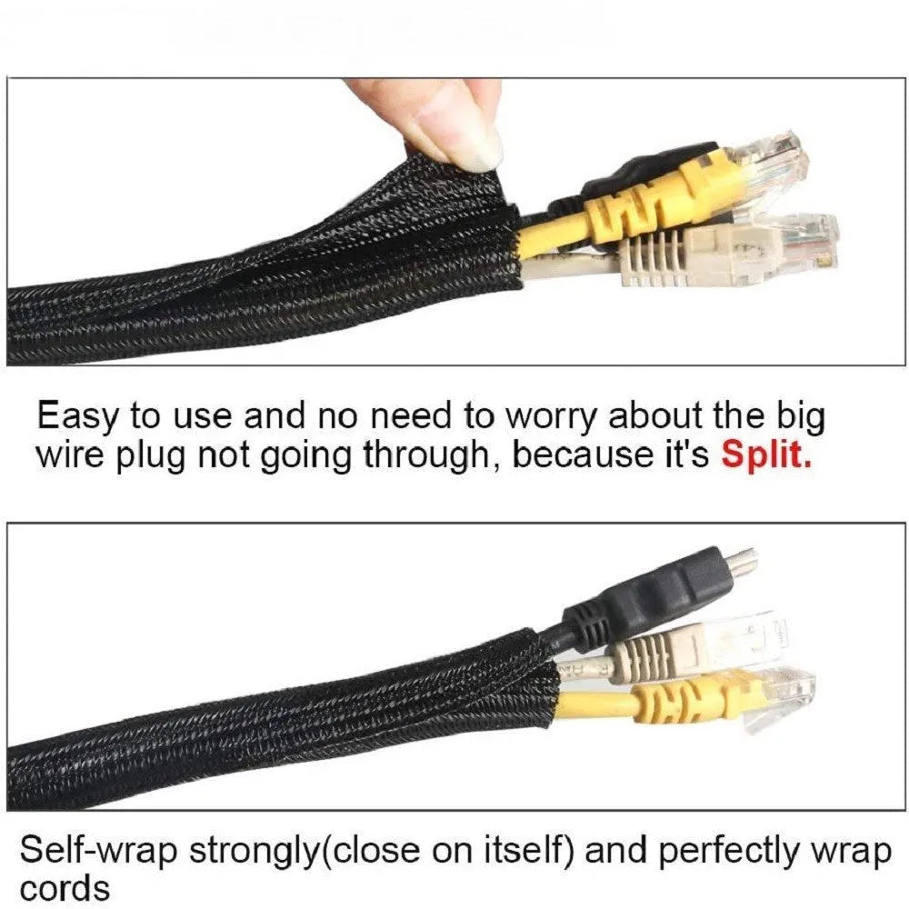 Black self-winding mesh sleeve for automotive wire protection, shown in various diameters.