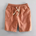 Men's straight leg casual shorts in a cotton linen blend fabric, shown in one of six available colours.