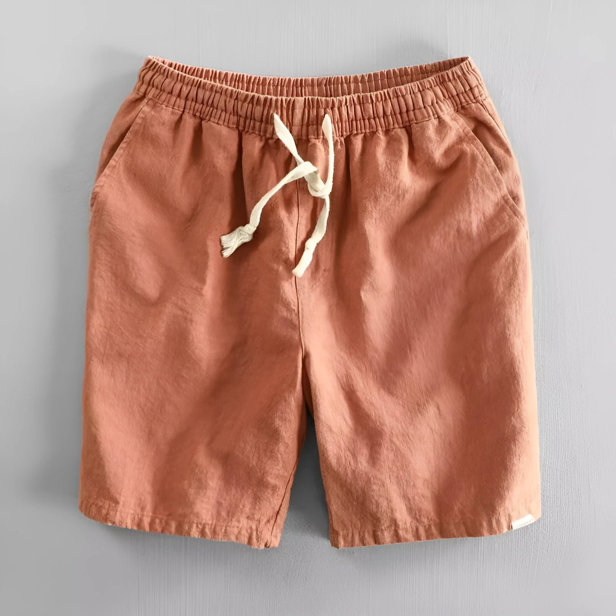 Men's straight leg casual shorts in a cotton linen blend fabric, shown in one of six available colours.