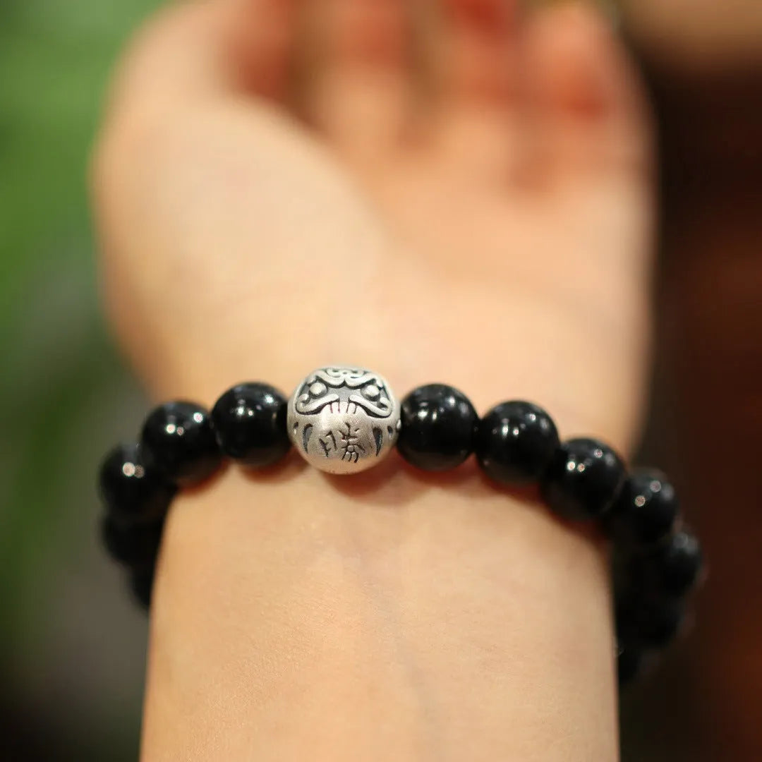 10mm black agate beads on sterling silver bracelet with Chinese style design