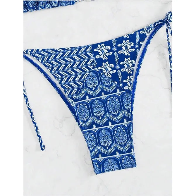 Women's split bikini swimsuit with bandage stitching detail in polyester fabric