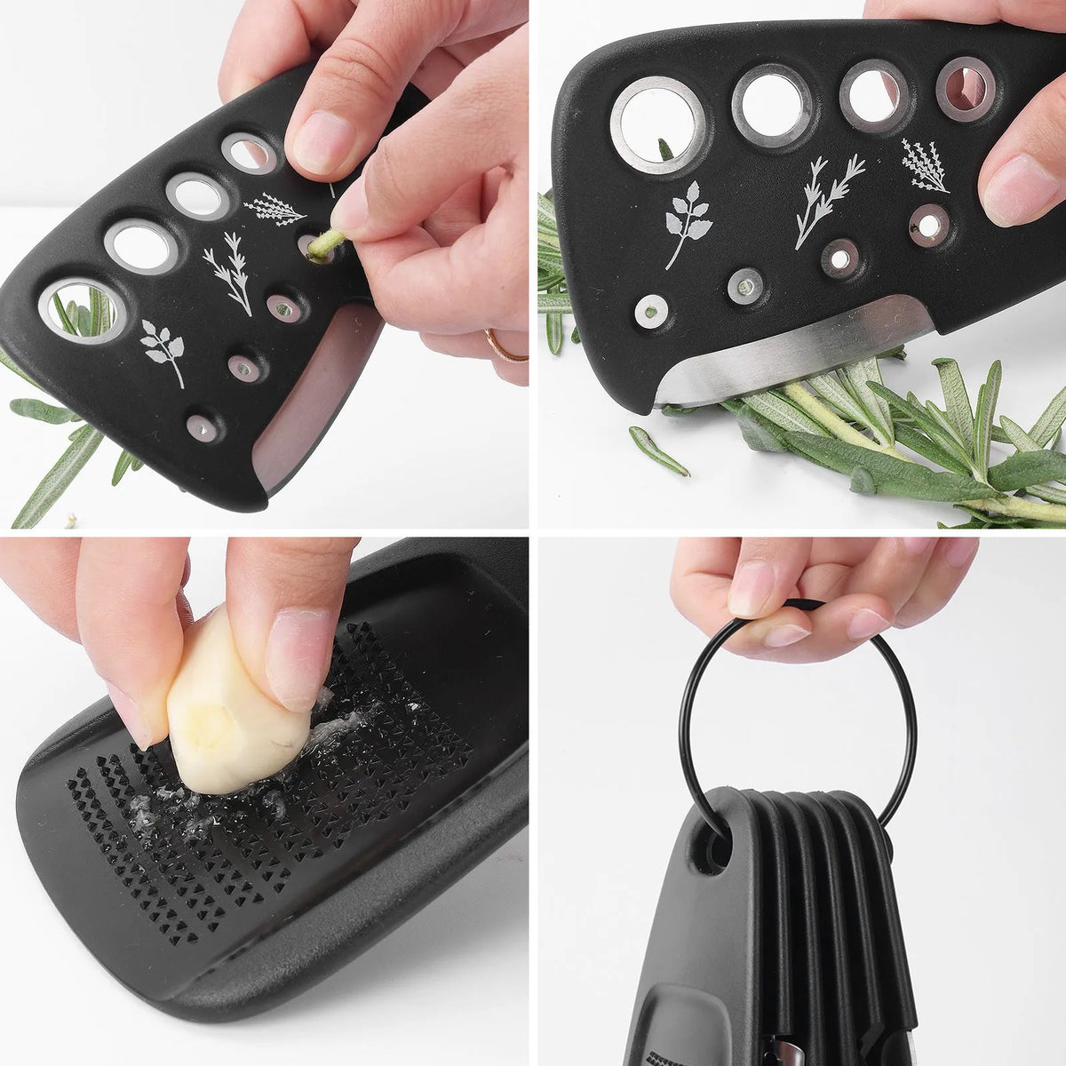 Six stackable kitchen gadgets with brush in colour box, made from plastic and stainless steel