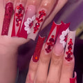 Artificial nails with floral patterns and red diamond designs in European square long style