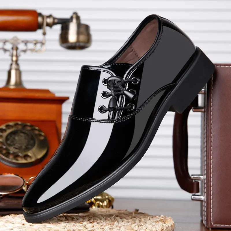 Men's black and brown business formal shoes with round toe and square heel