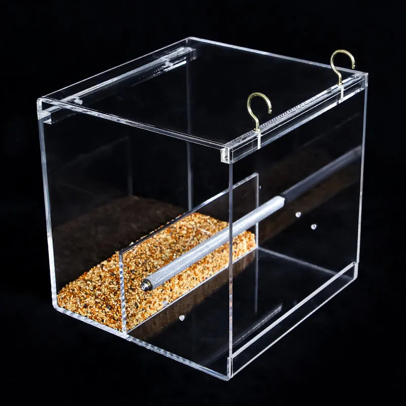 Clear acrylic bird feeder food box for parrots, available in small, medium, and large cube sizes.