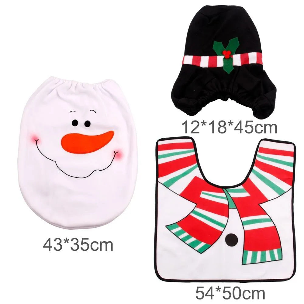 Christmas bathroom set with flannel shower curtain, toilet cover, and floor mats featuring Santa Claus design