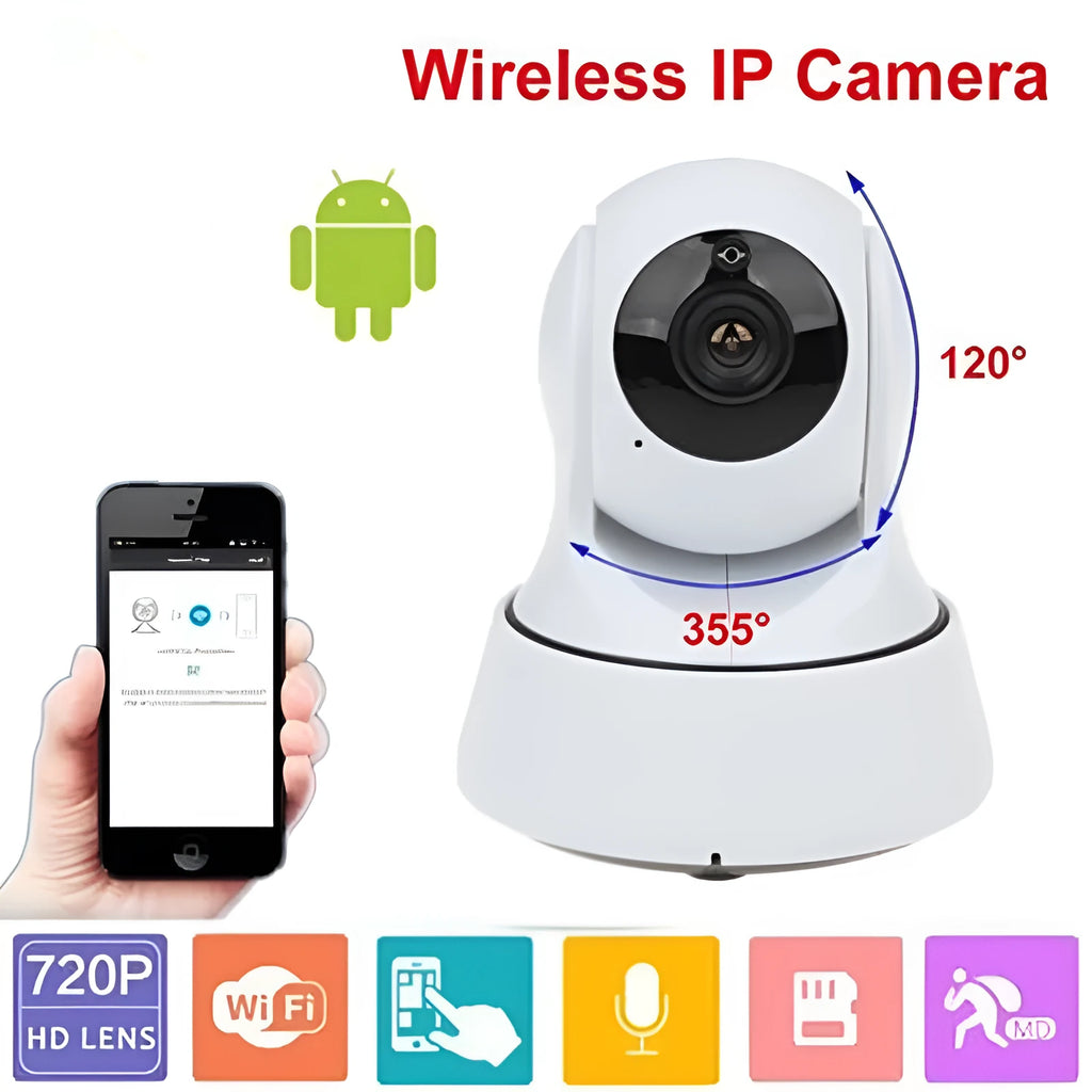 White wireless network camera with 720P HD, 3.6mm lens, 10m night vision, and 355° pan
