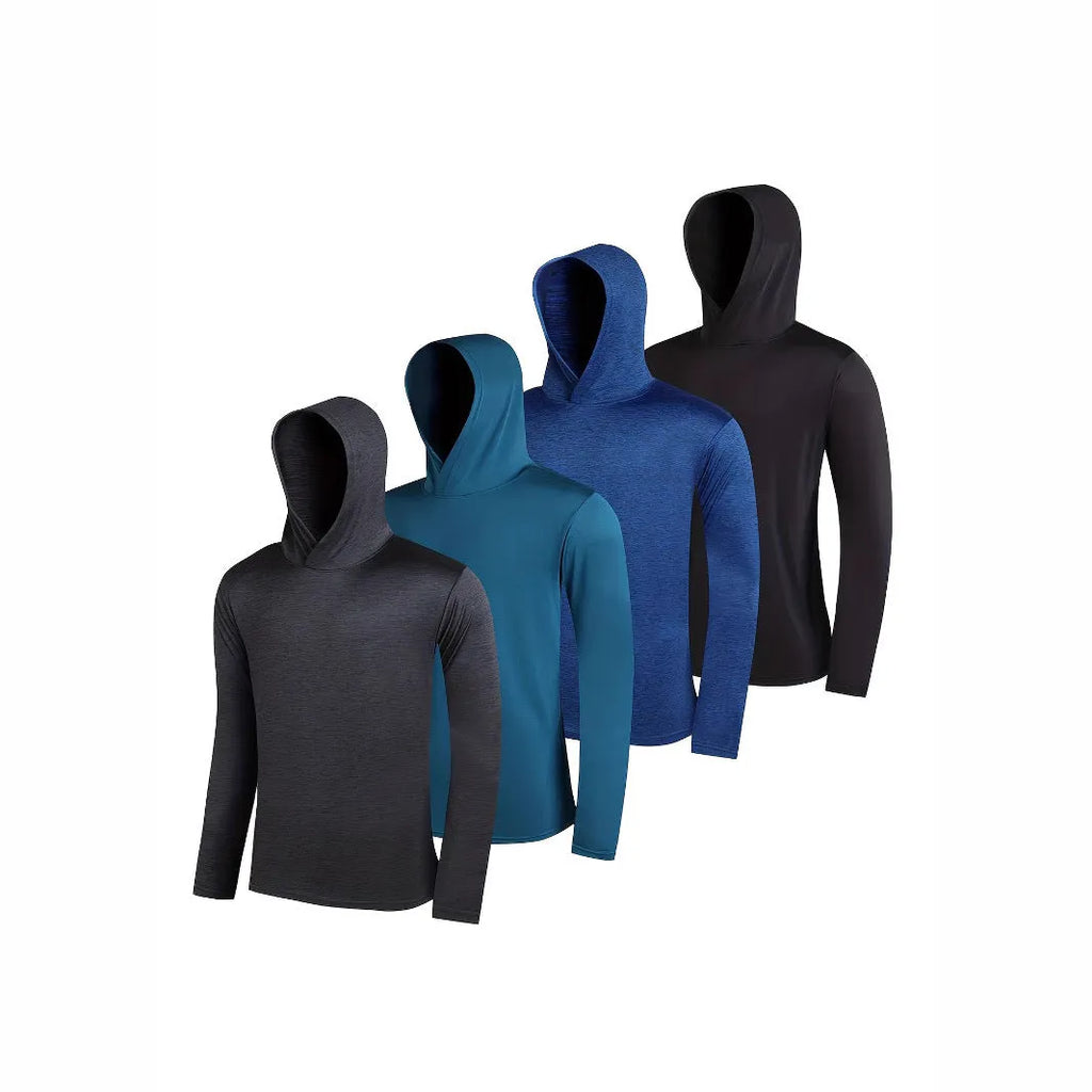 Four men's lightweight polyester hoodies in different colours displayed together as a coordinated set