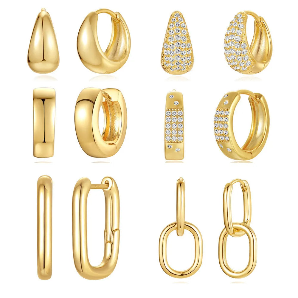 Golden brass diamond earclip earrings with simple geometric round design on white background