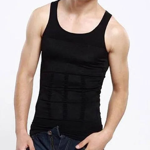 Men's black compression tummy shaper vest with U-neck and plain fabric design