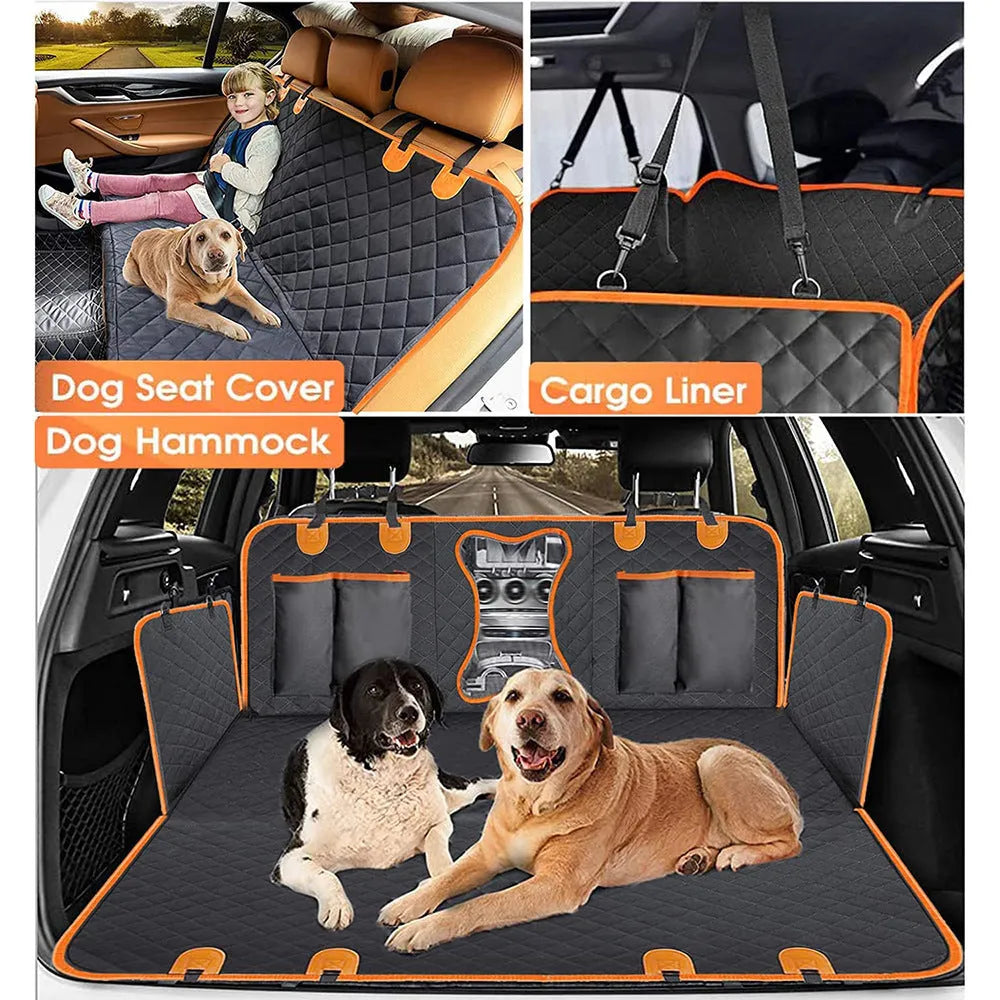 Black and orange waterproof dog car seat cover showing mesh window and accessory pocket