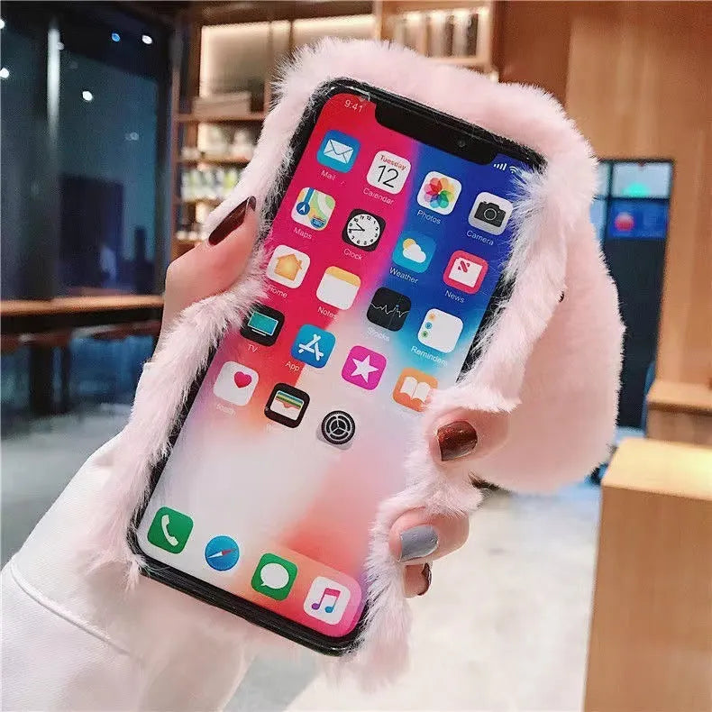 Plush flannel phone case with rabbit and heart design in brown for iPhone 15 series