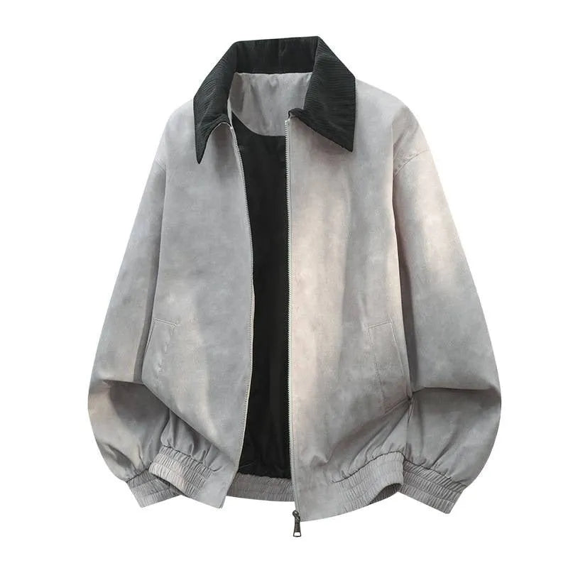 Men's black stitching lapel casual jacket with side seam pockets and a straight hem.