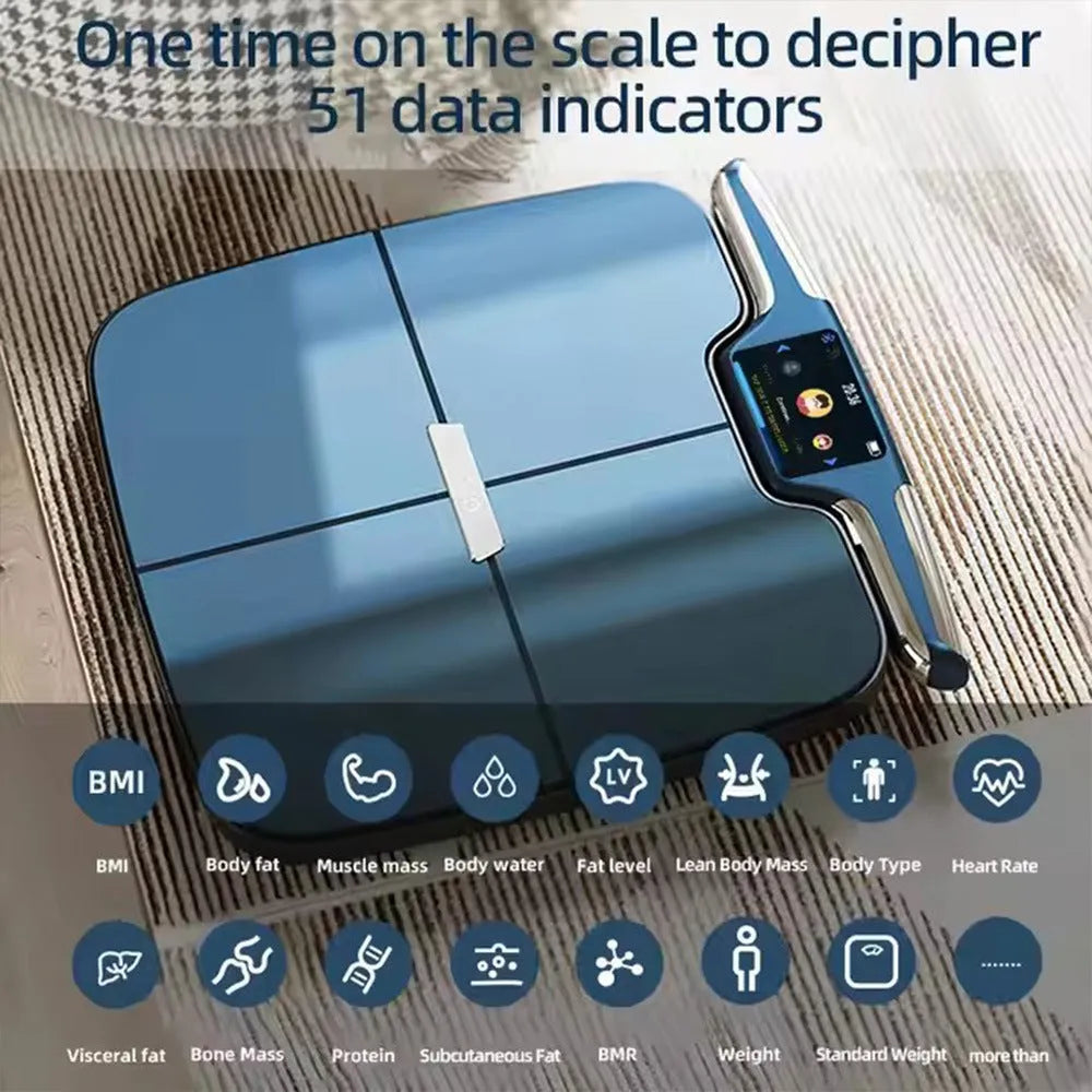 Black eight-electrode intelligent body fat weighing scale on a flat surface.