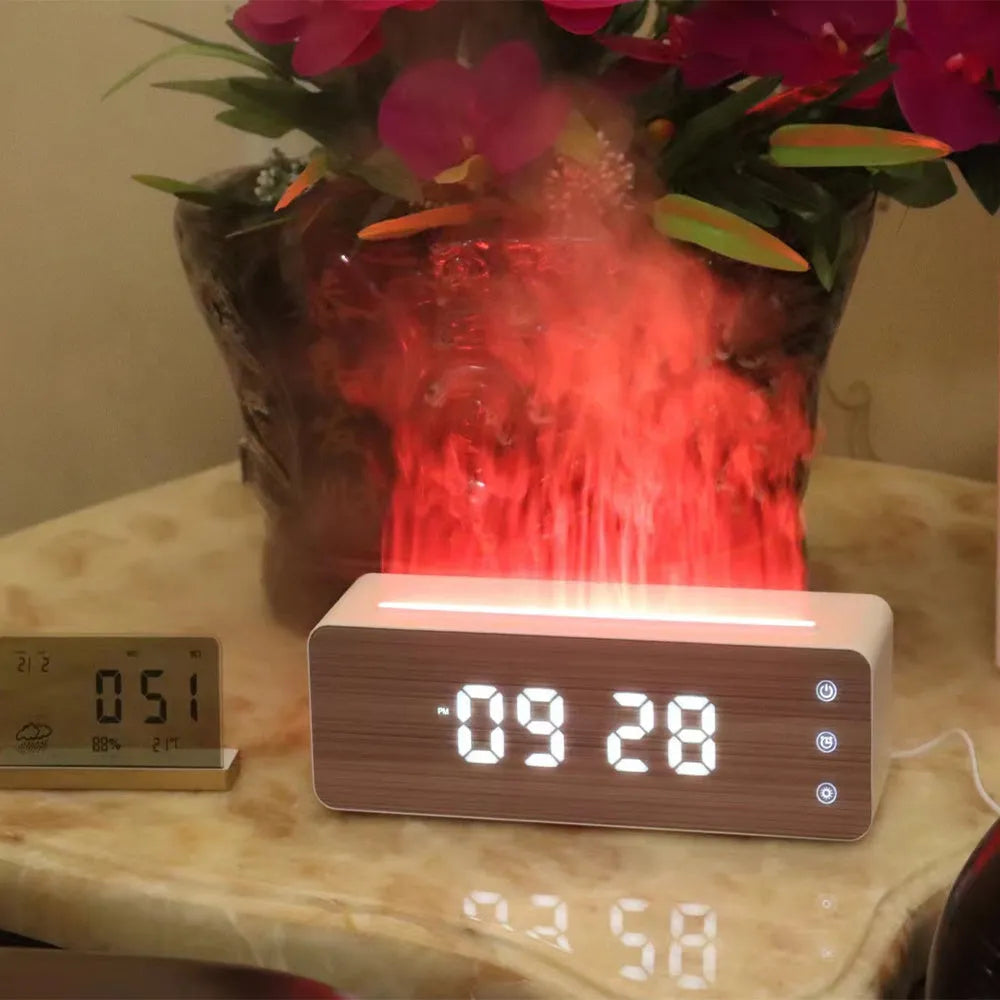 White flame humidifier with clock display on a desk, showing mist output