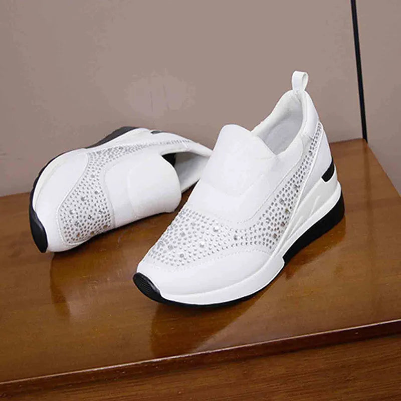 Rhinestone wedge flats for women with inner height increase, round toe, PU upper, black colour, side view