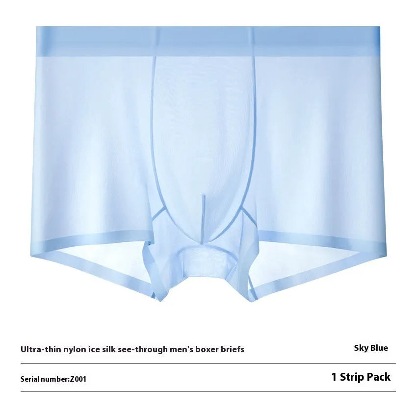 Men's seamless Ice Silk boxer briefs in black, showing ultra-thin, breathable fabric construction.