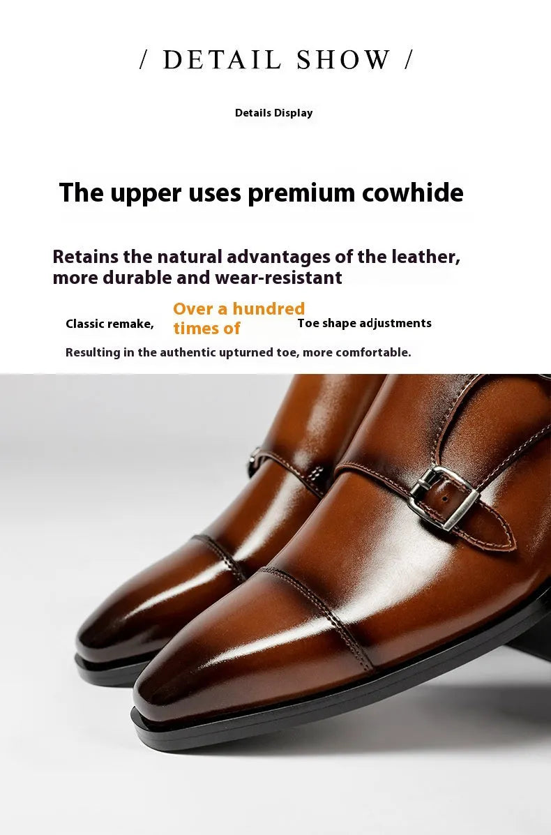 Men's black and light brown square toe leather shoes with rubber sole for business wear.