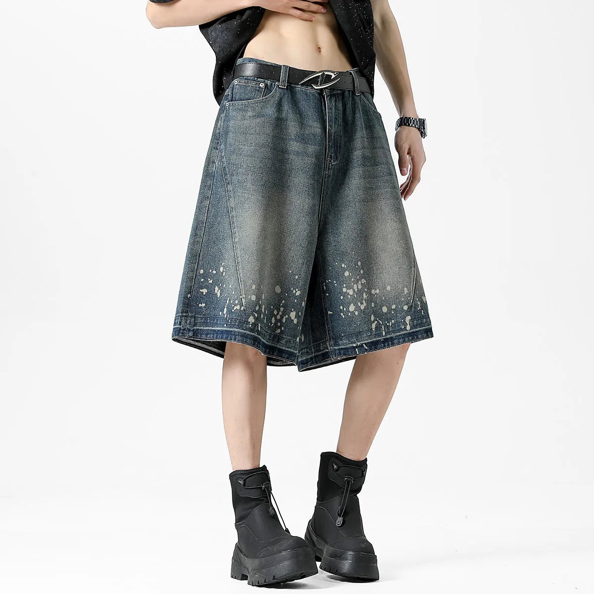 Men's retro blue washed denim shorts with ripped splash ink detailing, straight cut design