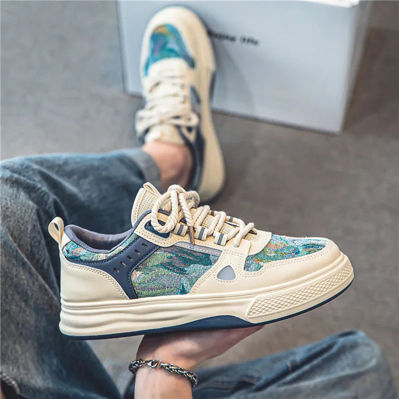 Canvas casual shoes in Milan green and beige colours with round toe and flat heel design