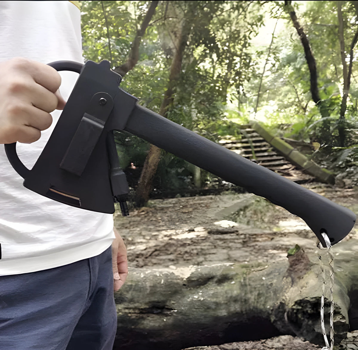 Black multifunctional outdoor survival axe with stainless steel blade, EDC handle, and tactical K sheath, 35.3cm × 14.5cm