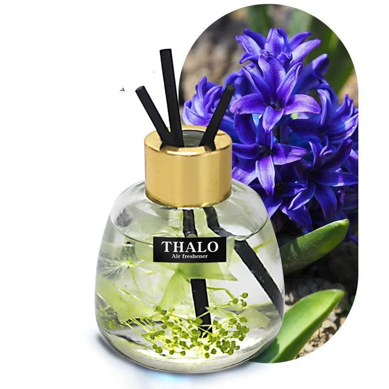 Clear glass bottle-shaped car perfume ornament for loose incense, shown in assorted colours.