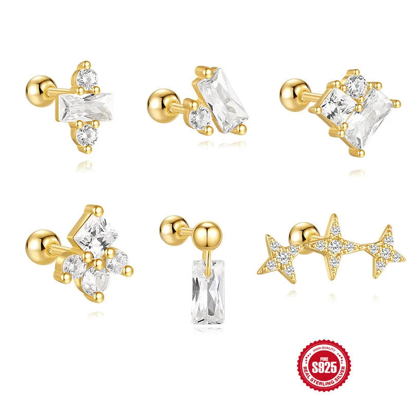 S925 sterling silver flower stud earrings with square red gravel centre, golden electroplated finish