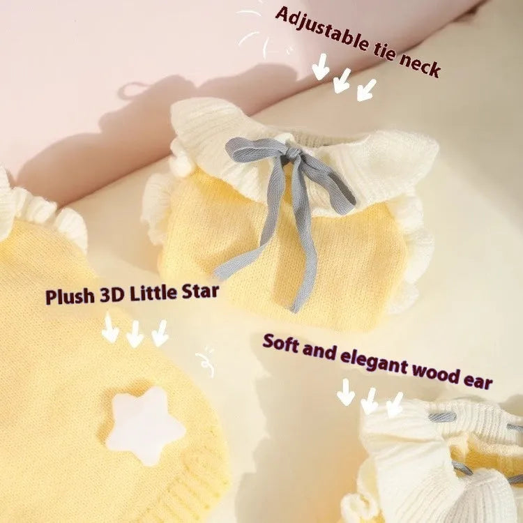 Yellow acrylic dog sweater for a small puppy on an autumn day