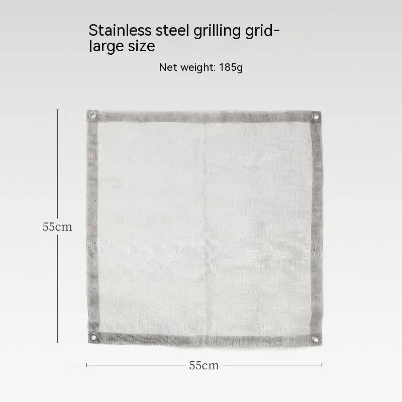 Silver stainless steel barbecue grill with matching cooking net, large size for group use.