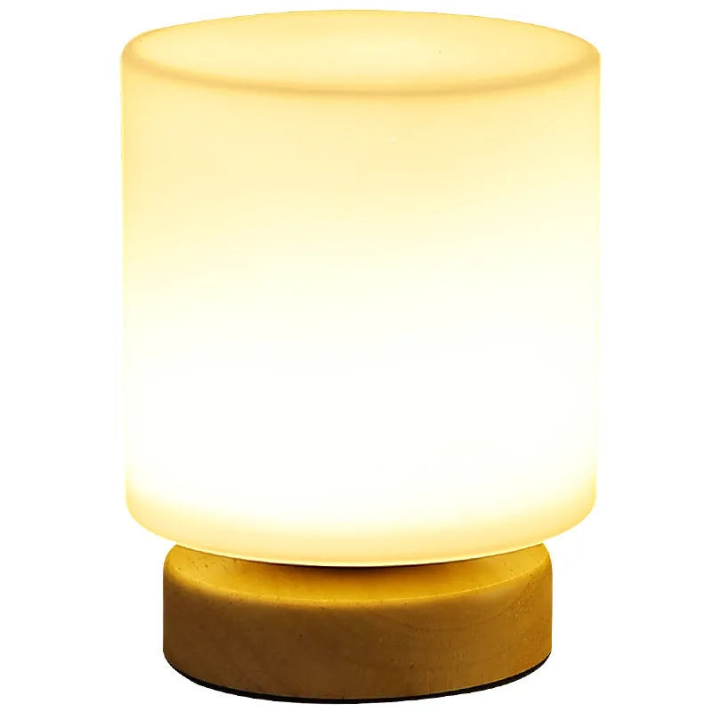 Nordic solid wood USB table lamp with white flower-shaped light and touch controls
