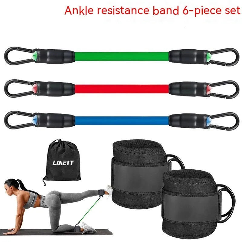 Three TPE resistance bands in different colours with foot loops and storage bag for hip and leg exercises
