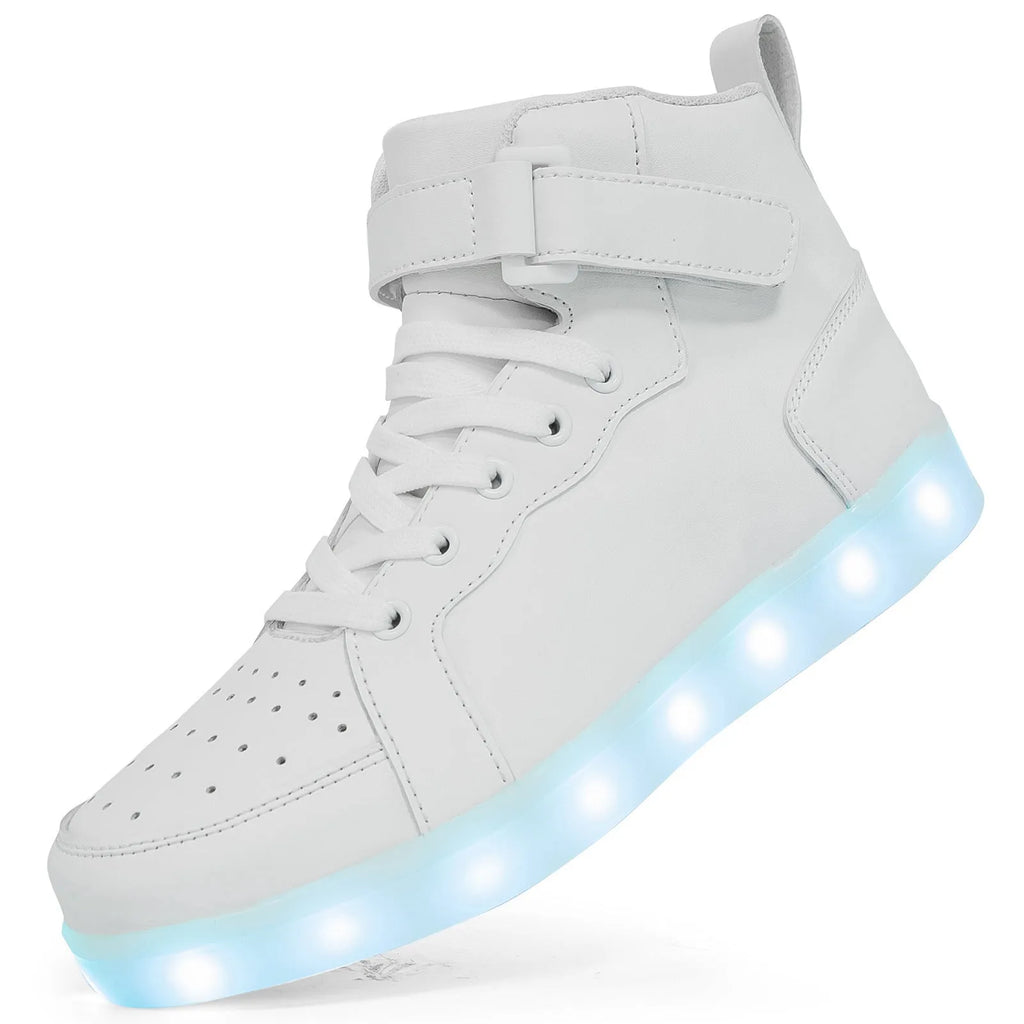Adult unisex black LED high-top shoes with velcro strap and glowing sole lights.