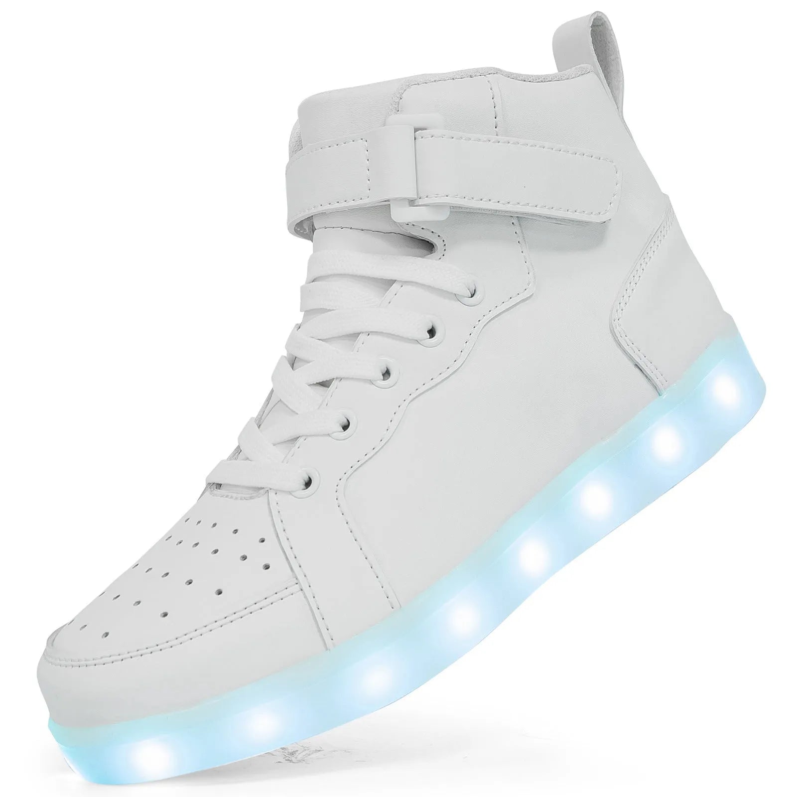 Adult unisex black LED high-top shoes with velcro strap and glowing sole lights.