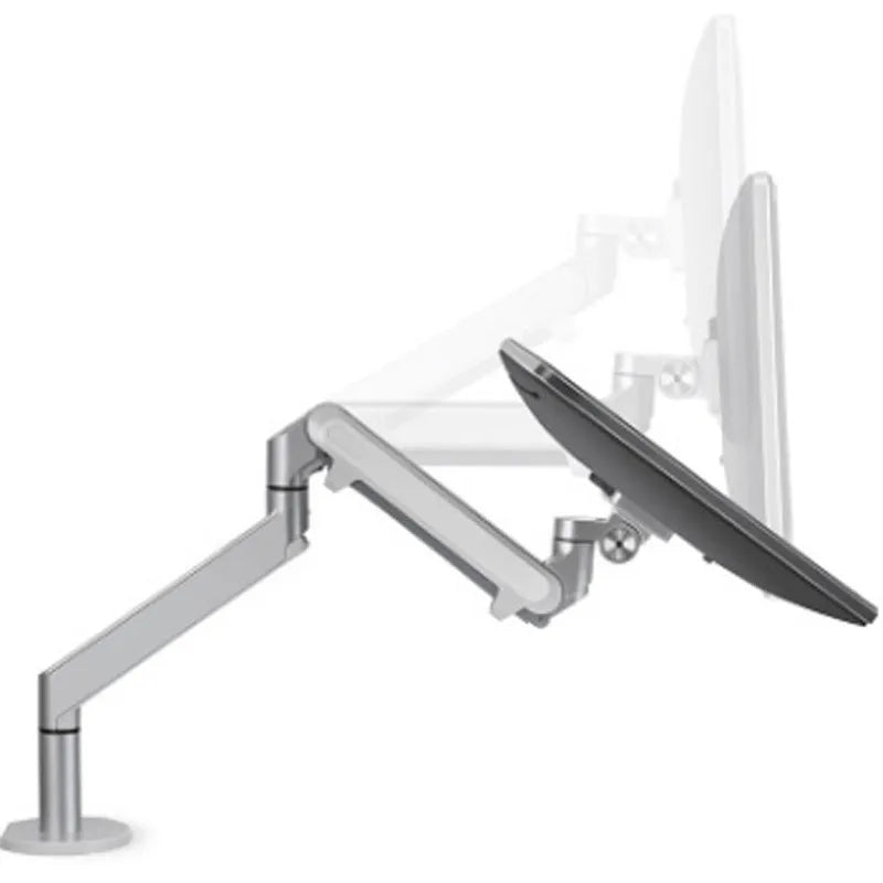 Silver aluminium alloy Free Hover laptop stand with adjustable air pressure arm on a desk.