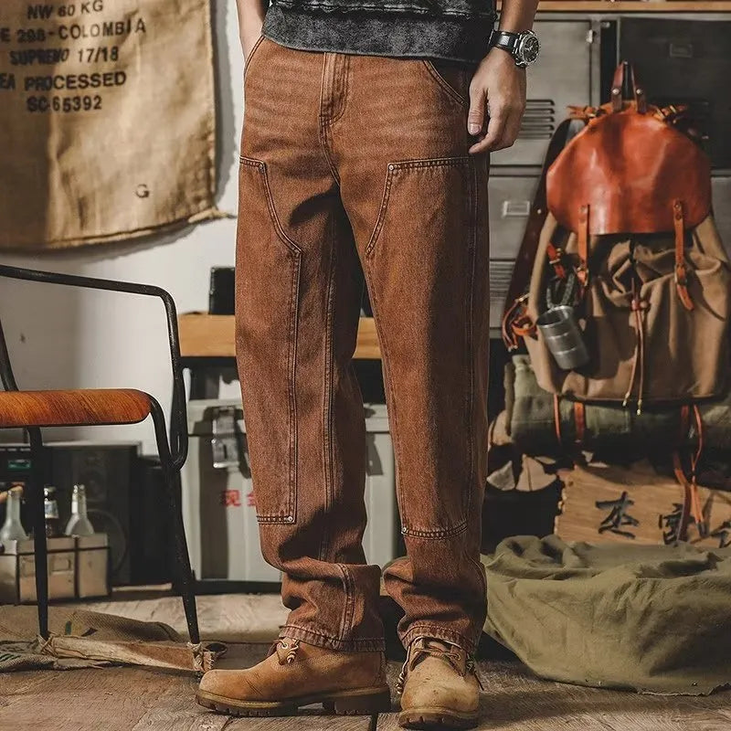 Loose straight men's pants in brown with zip placket and mid waist